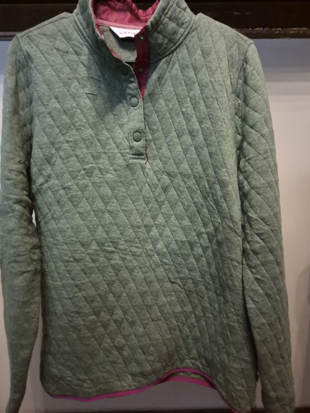 Orvis Green Quilted Snap Mock-Neck Sweater with Pink Trim